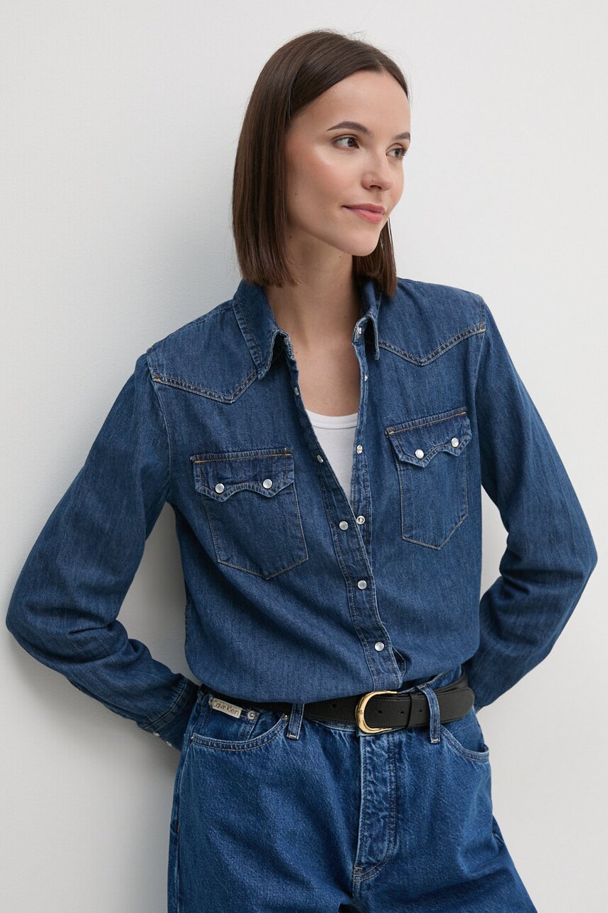 United Colors of Benetton camasa jeans femei, cu guler clasic, regular