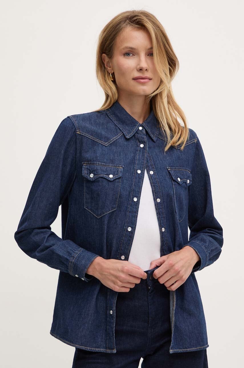 United Colors of Benetton camasa jeans femei, culoarea albastru marin, cu guler clasic, regular
