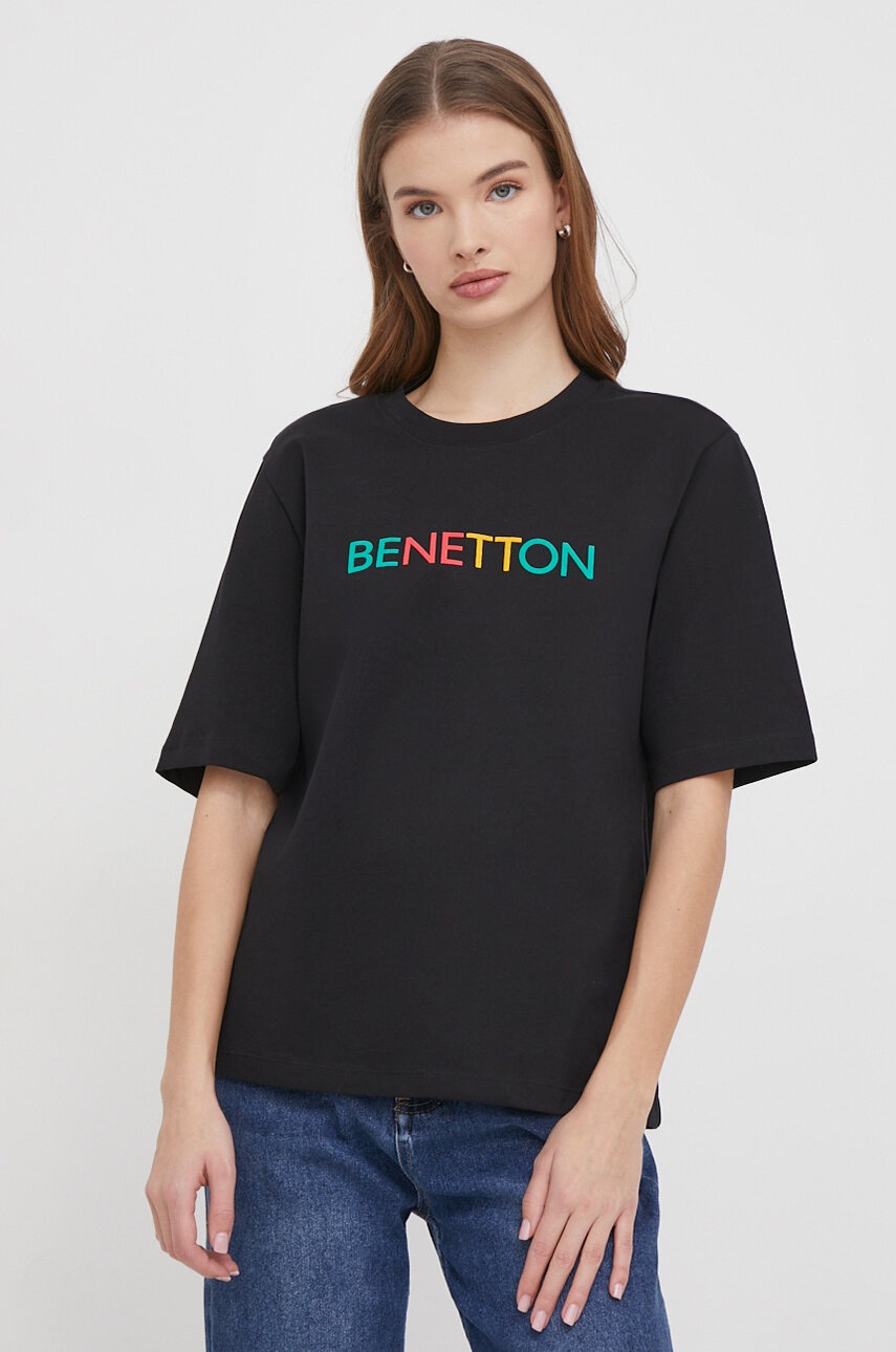 

Памучна тениска United Colors of Benetton в черно, Черен