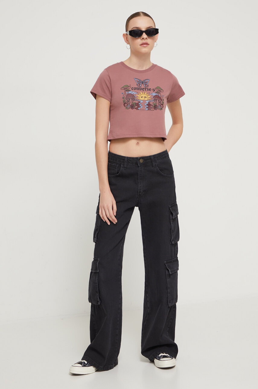 Βαμβακερό μπλουζάκι Converse γυναικεία, χρώμα: ροζ φωτογραφία
