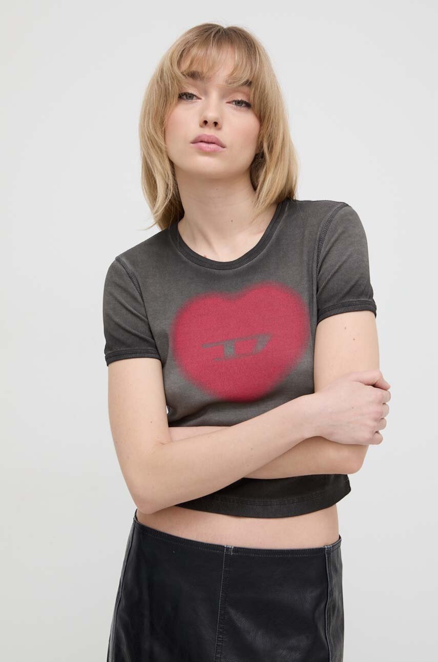 Diesel tricou din bumbac femei, culoarea gri - Îmbrăcăminte