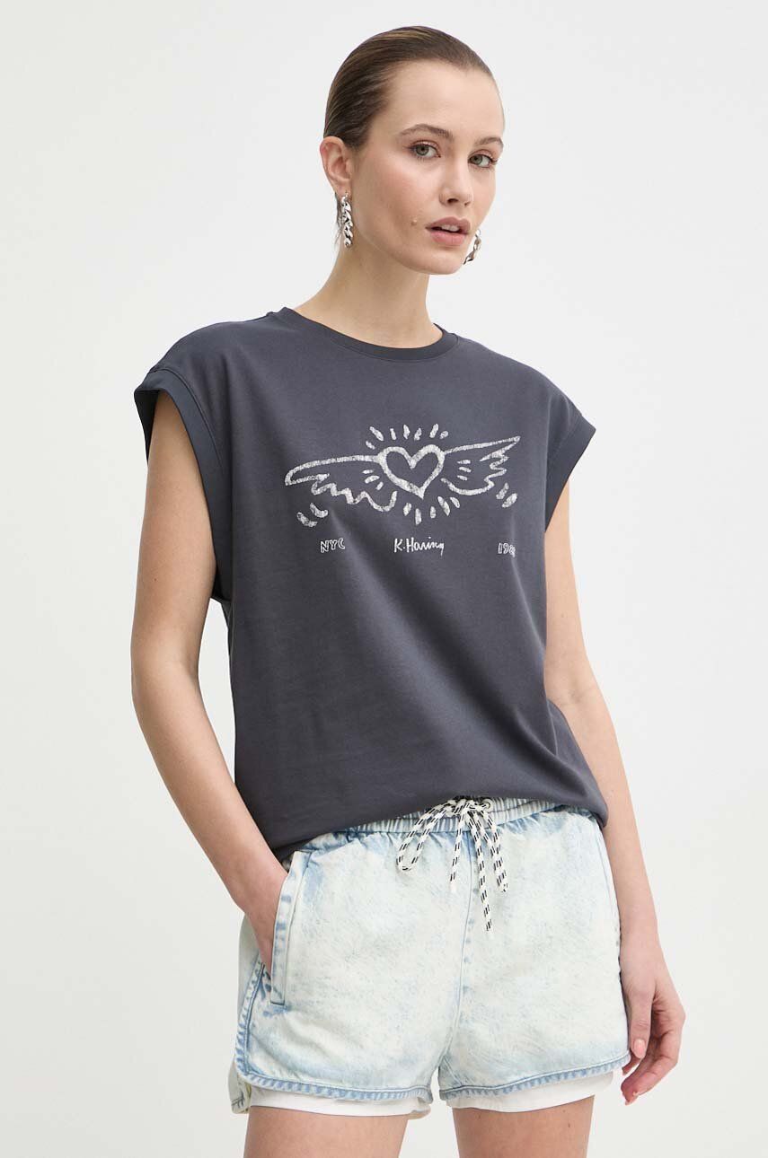 Miss Sixty tricou din bumbac x Keith Haring femei, culoarea gri, 6L1SJ2400000