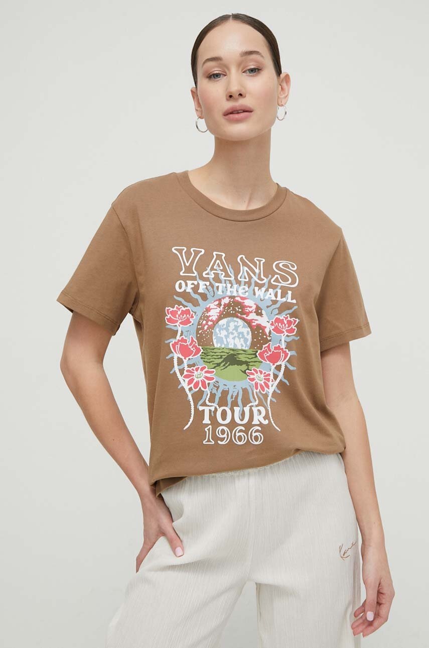 Βαμβακερό μπλουζάκι Vans γυναικεία, χρώμα: καφέ φωτογραφία