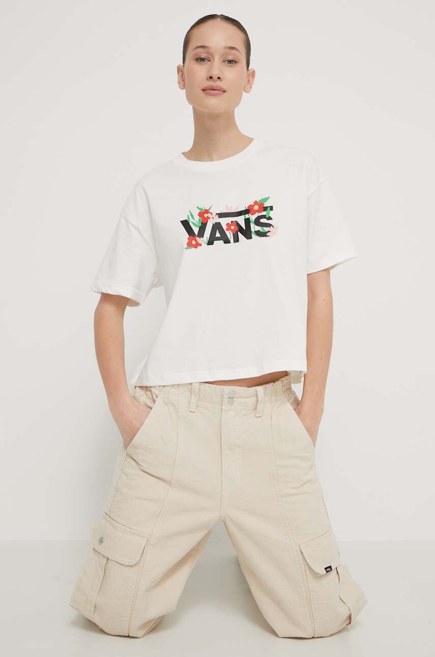 Vans tricou din bumbac femei, culoarea bej