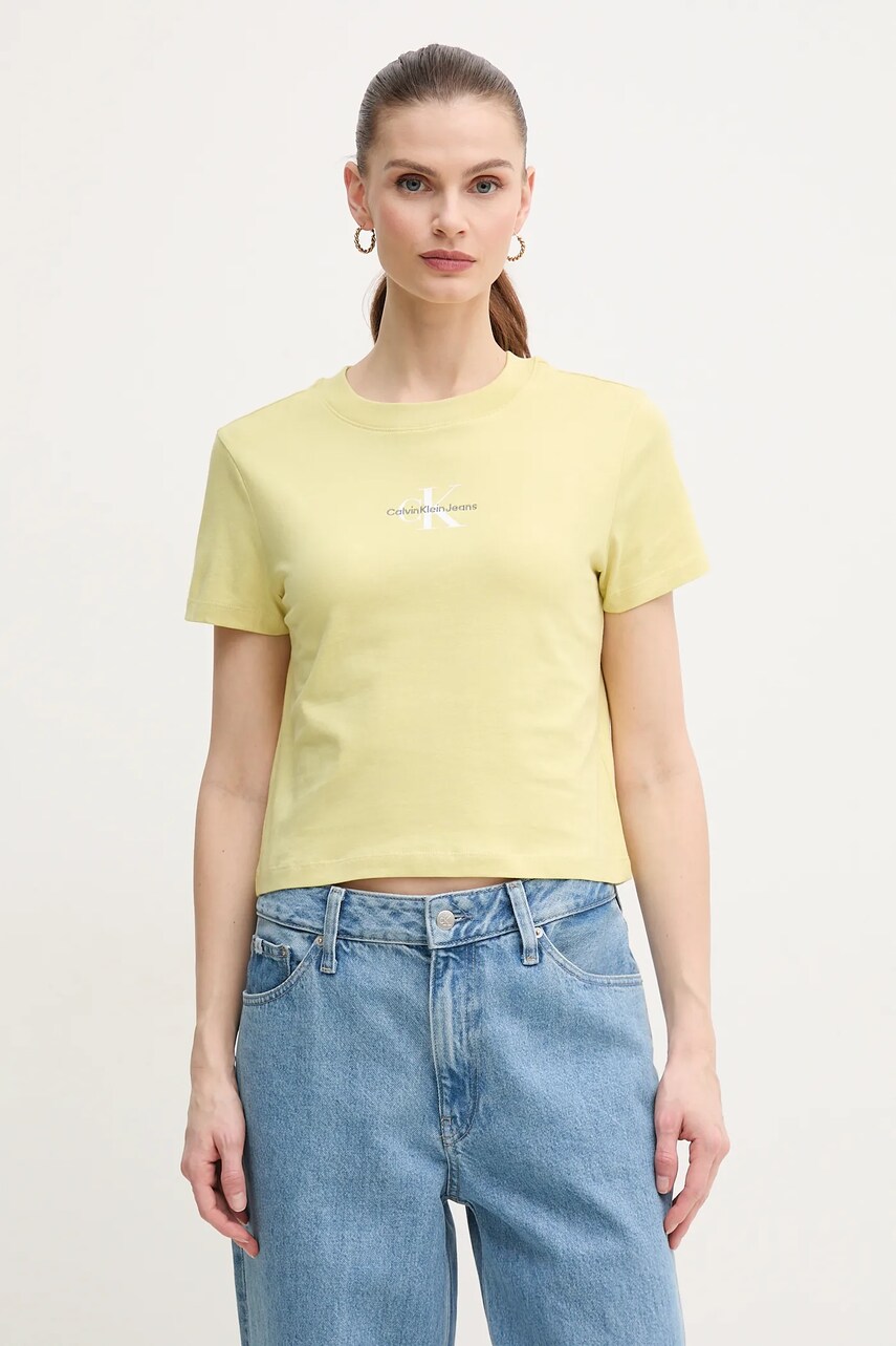 Levně Bavlněné tričko Calvin Klein Jeans žlutá barva, J20J223113