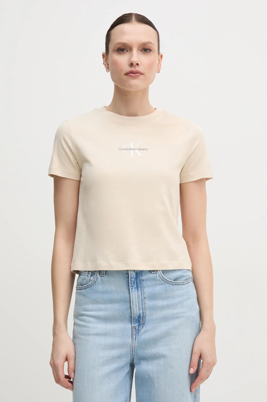 Levně Bavlněné tričko Calvin Klein Jeans béžová barva, J20J223113