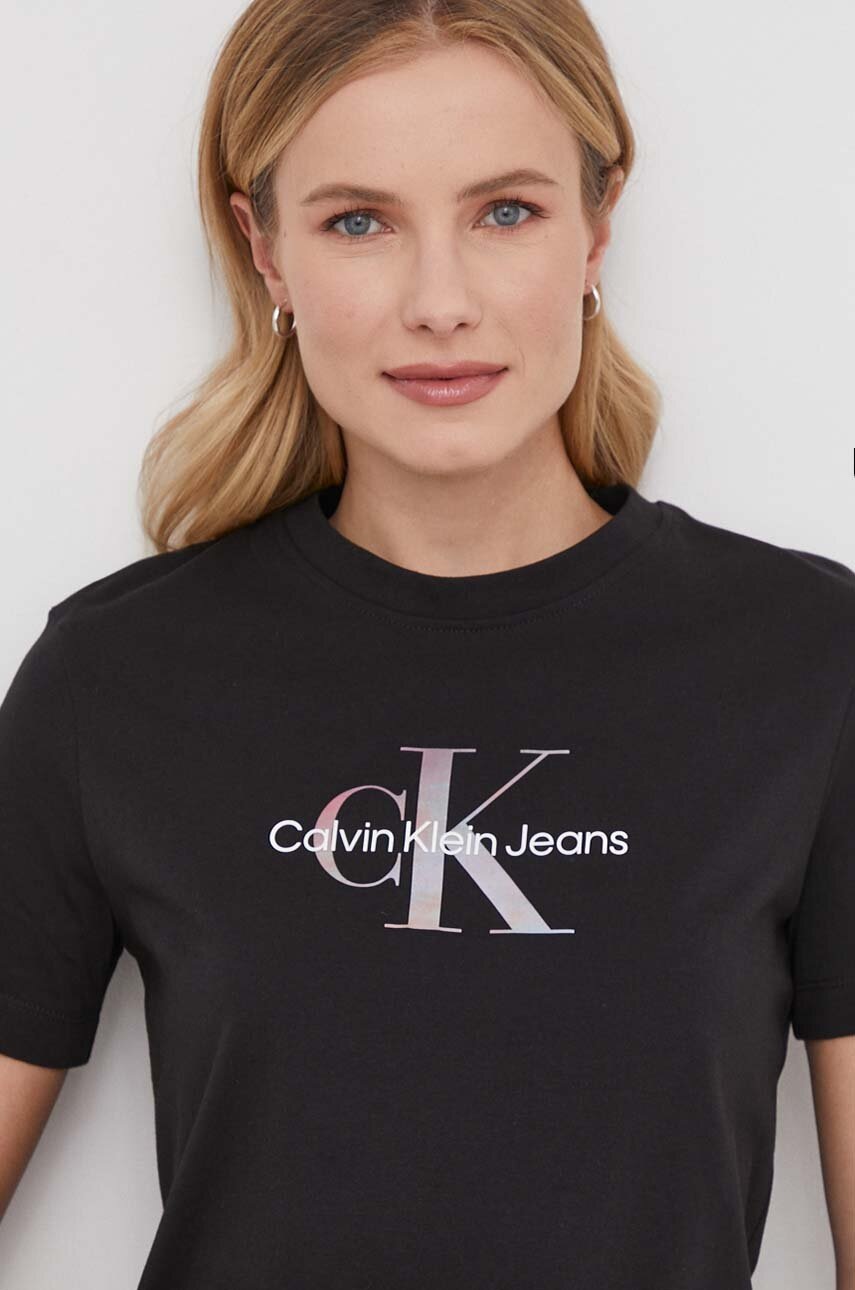 Βαμβακερό μπλουζάκι Calvin Klein Jeans γυναικεία, χρώμα: μαύρο φωτογραφία