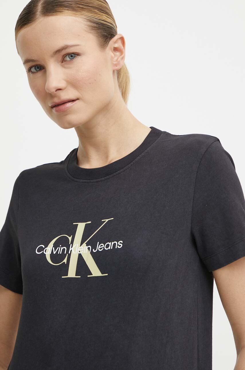 Βαμβακερό μπλουζάκι Calvin Klein Jeans γυναικεία, χρώμα: μαύρο φωτογραφία