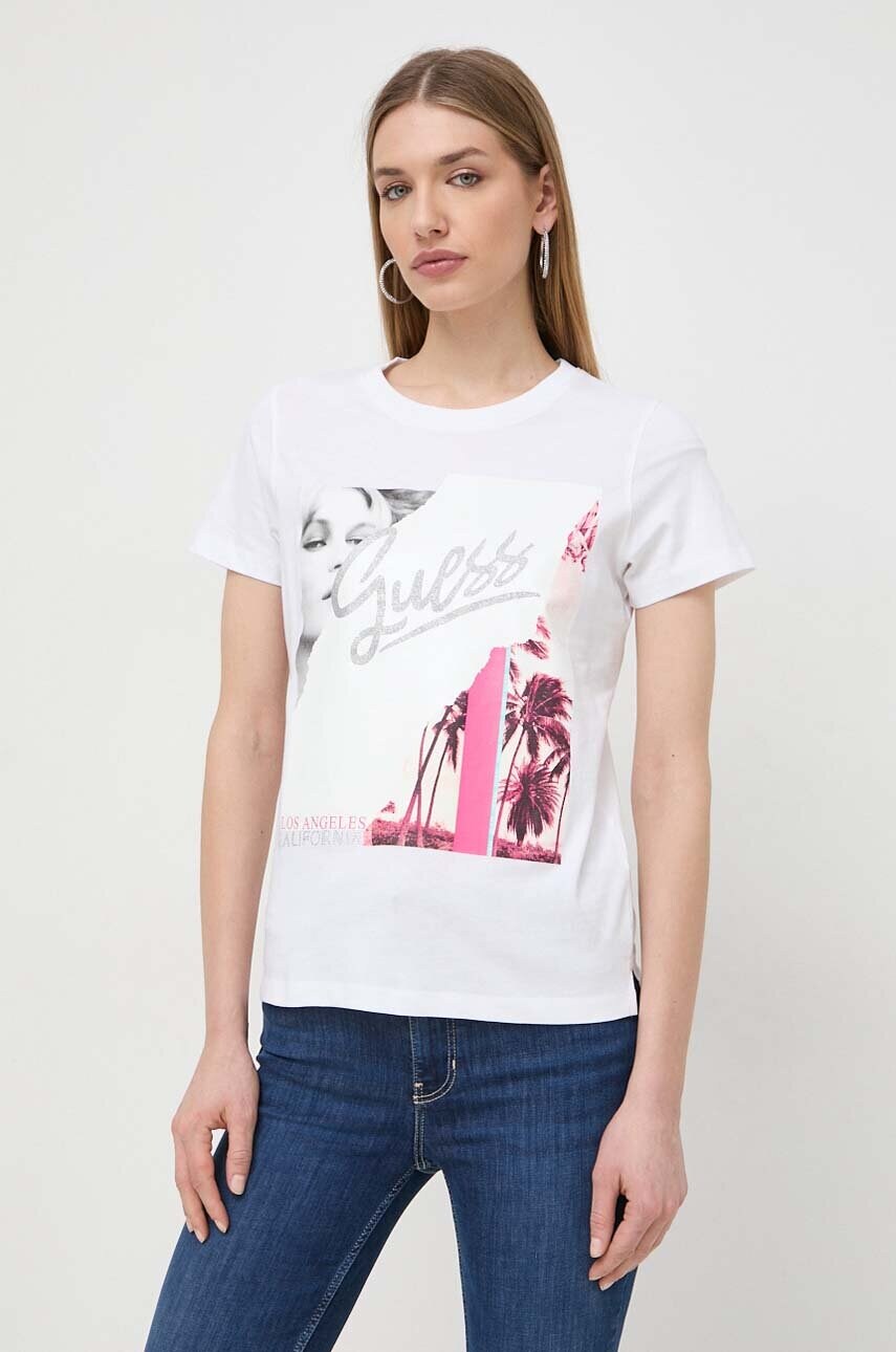 

Памучна тениска Guess COLLAGE W4GI17 I3Z14, Бежов