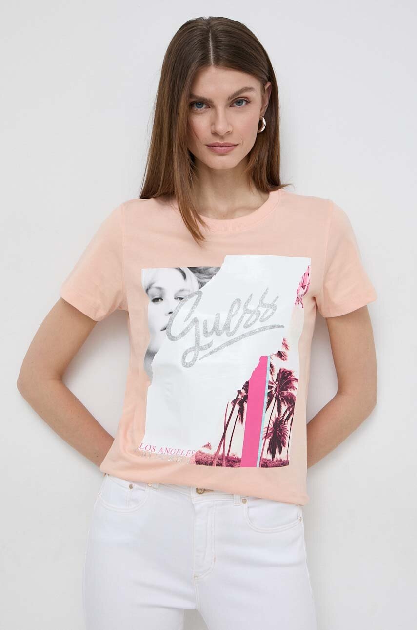 

Памучна тениска Guess COLLAGE в оранжево W4GI17 I3Z14, Оранжев