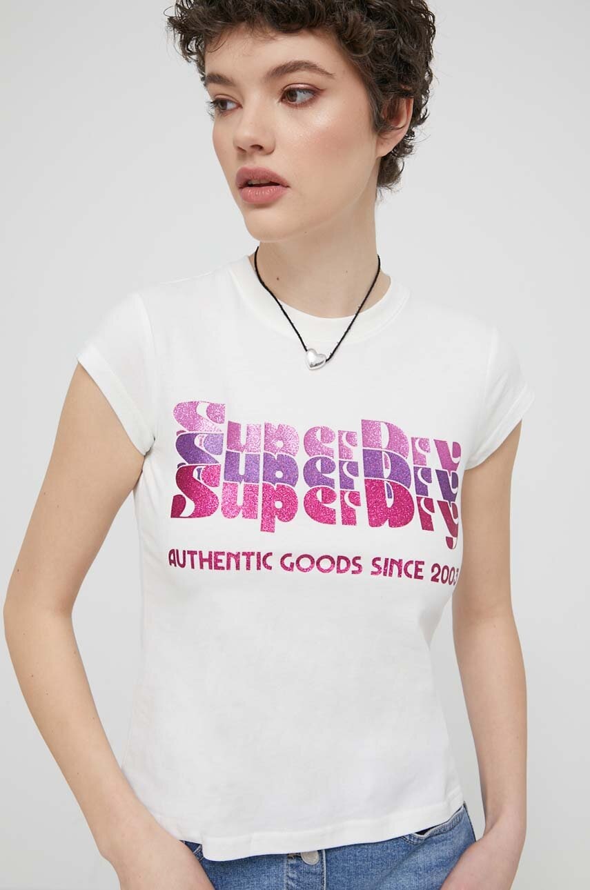 Superdry tricou din bumbac femei, culoarea bej