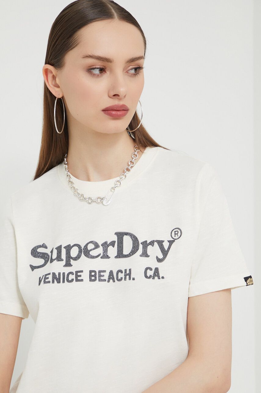Superdry tricou din bumbac femei, culoarea bej