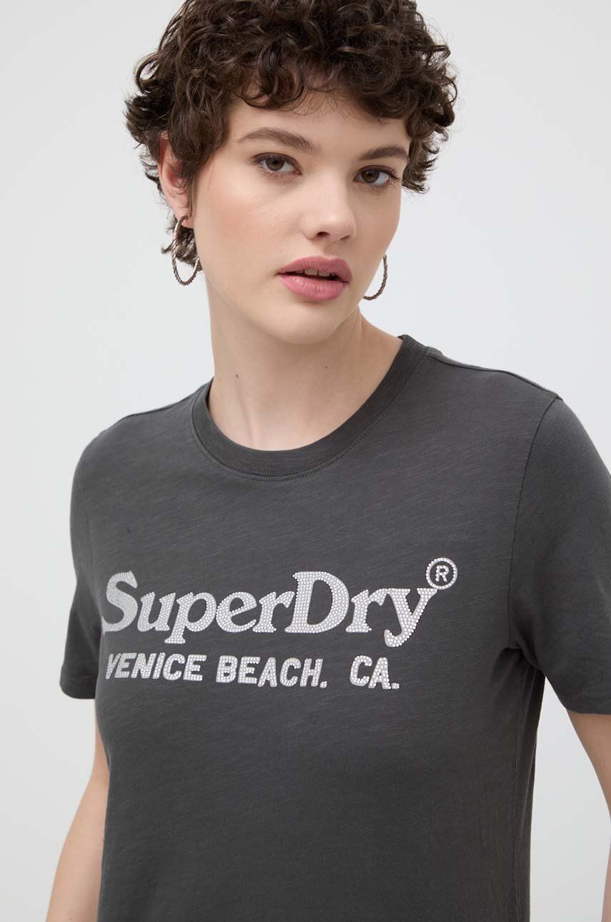 Superdry tricou din bumbac femei, culoarea gri