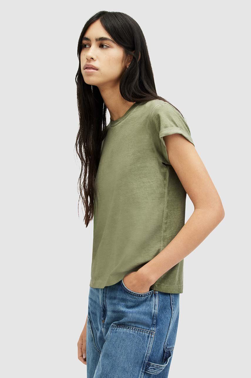 Levně Bavlněné tričko AllSaints ANNA zelená barva