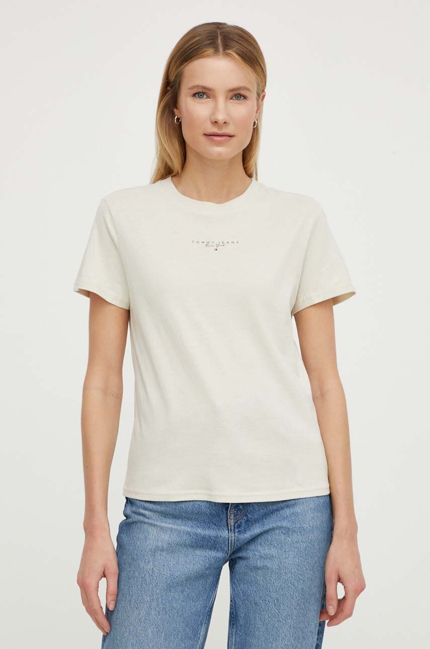 Tommy Jeans tricou din bumbac femei, culoarea bej