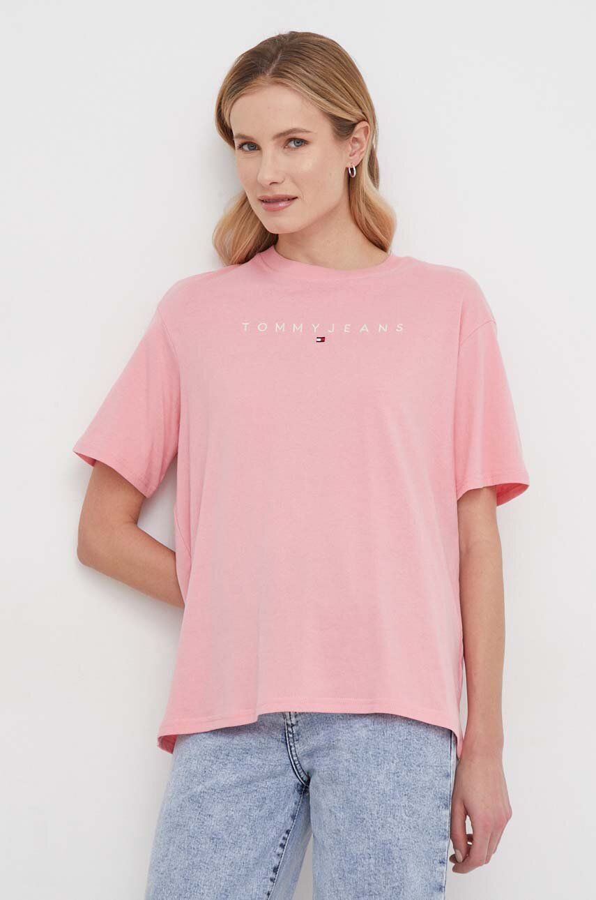 Levně Bavlněné tričko Tommy Jeans růžová barva