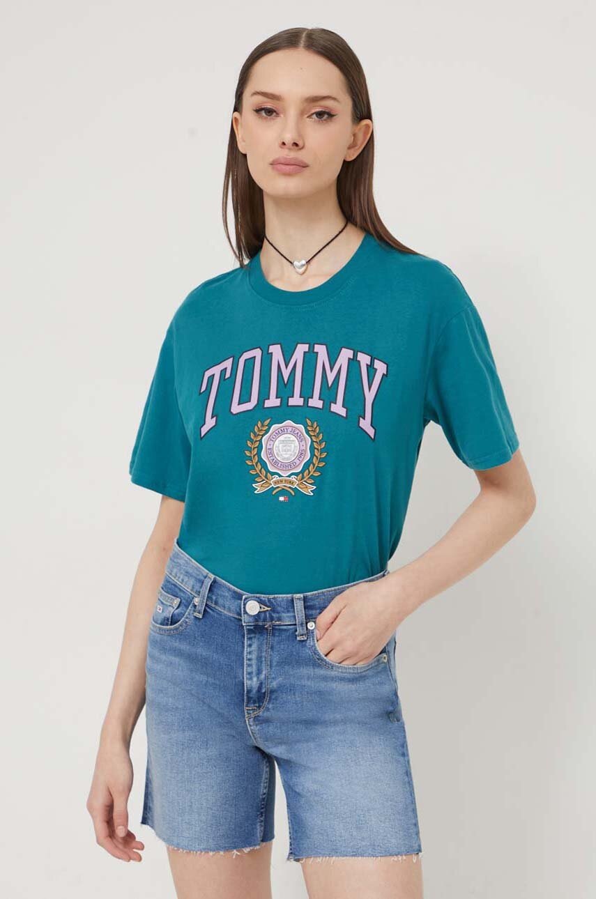 Tommy Jeans tricou din bumbac femei, culoarea verde