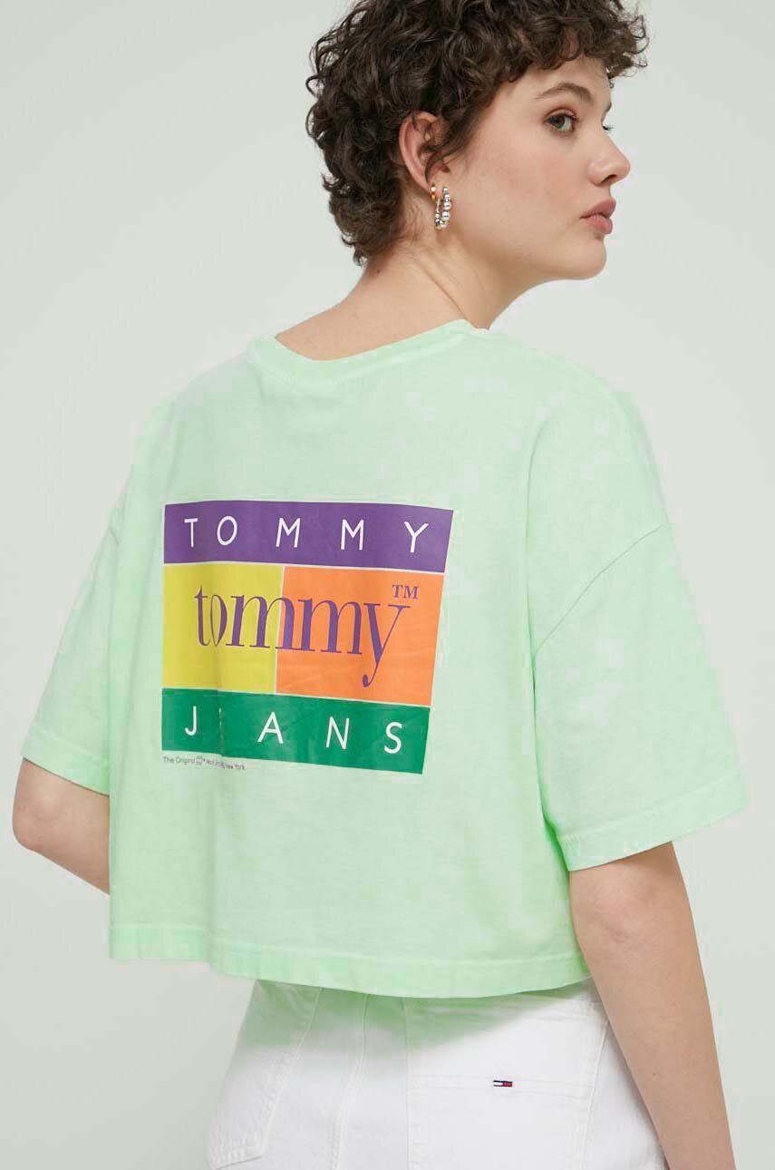 Tommy Jeans tricou din bumbac femei, culoarea verde, DW0DW18141