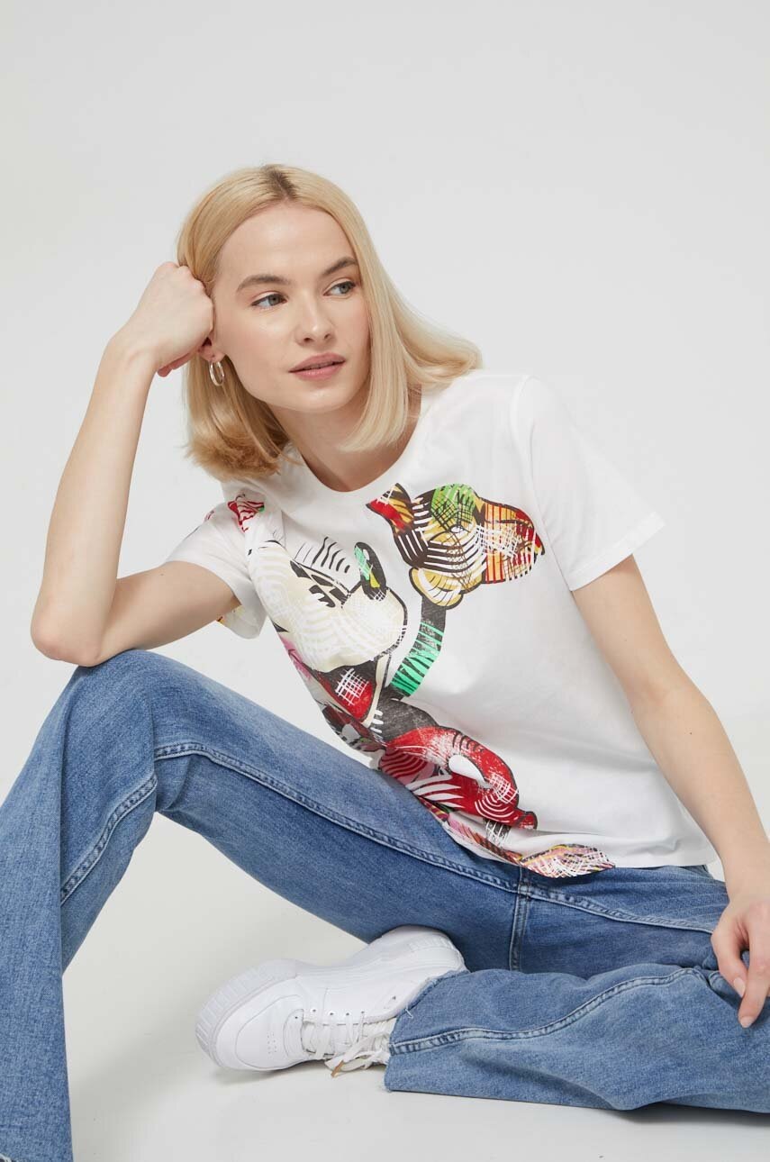 Desigual tricou din bumbac x Disney femei, culoarea alb