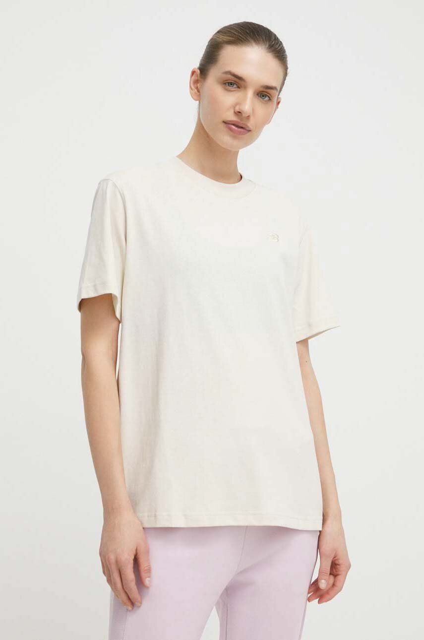 New Balance tricou din bumbac femei, culoarea bej