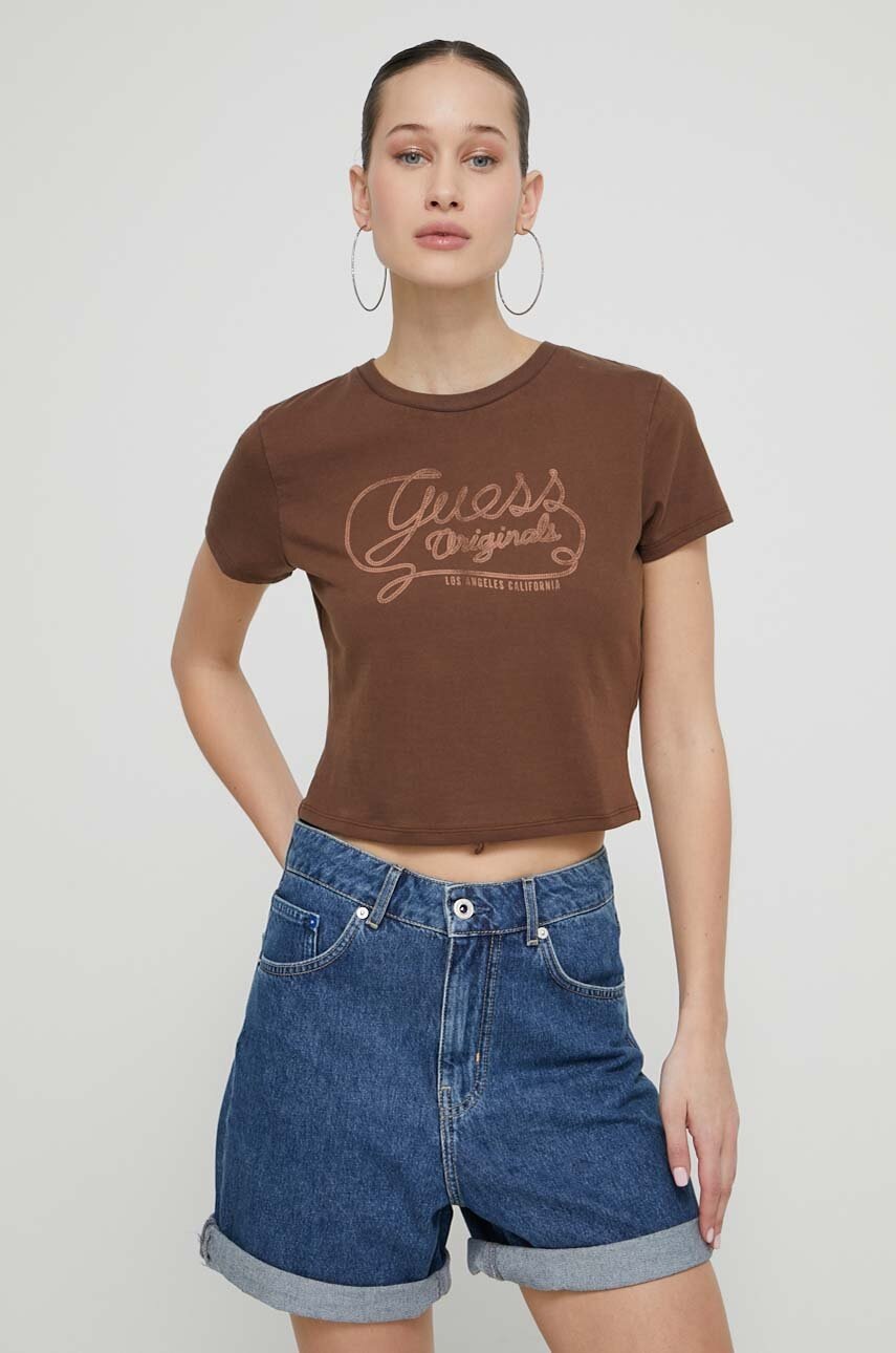 

Тениска Guess Originals в кафяво, Кафяв