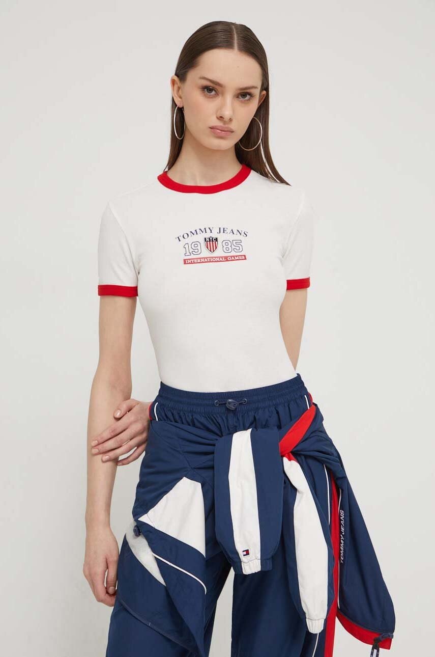 Tommy Jeans tricou Archive Games femei, culoarea bej