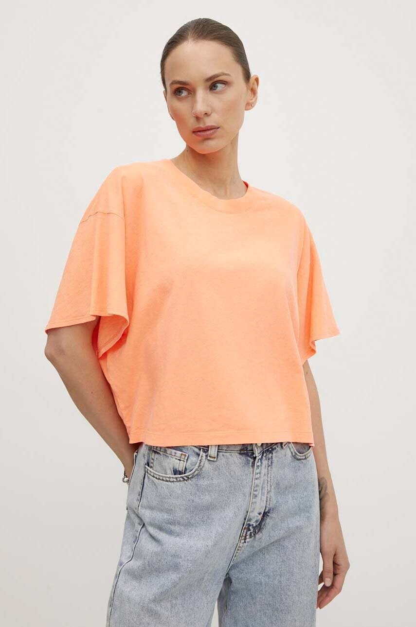 

Тениска с лен American Vintage TEE-SHIRT MC COL ROND в оранжево LOP02DE24, Оранжев