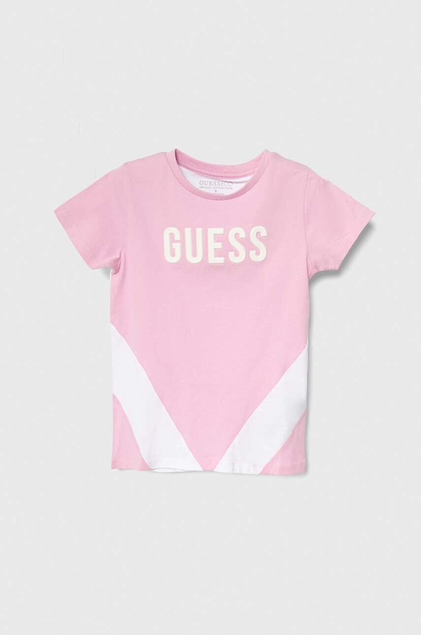 

Детская хлопковая футболка Guess цвет розовый