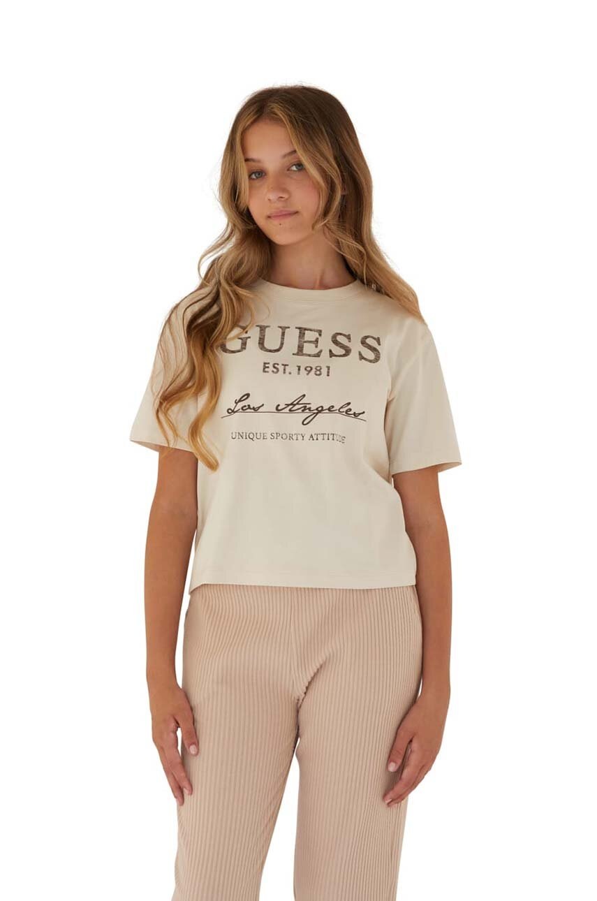 

Памучна тениска Guess в бежово, Бежов