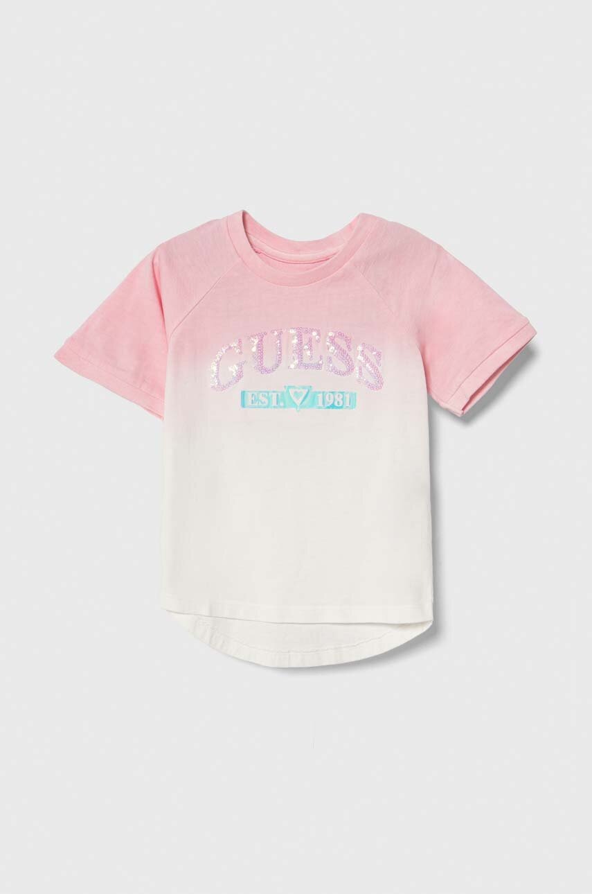 

Детска памучна тениска Guess в розово, Розов