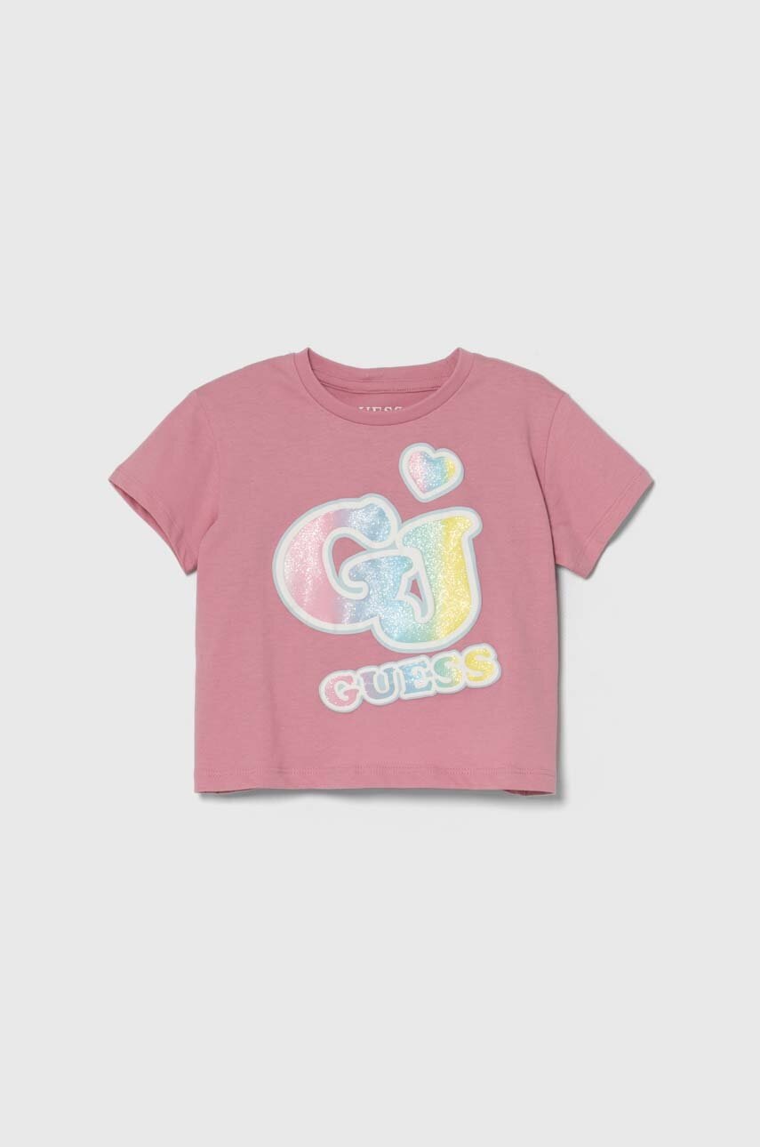 

Детска памучна тениска Guess в розово, Розов
