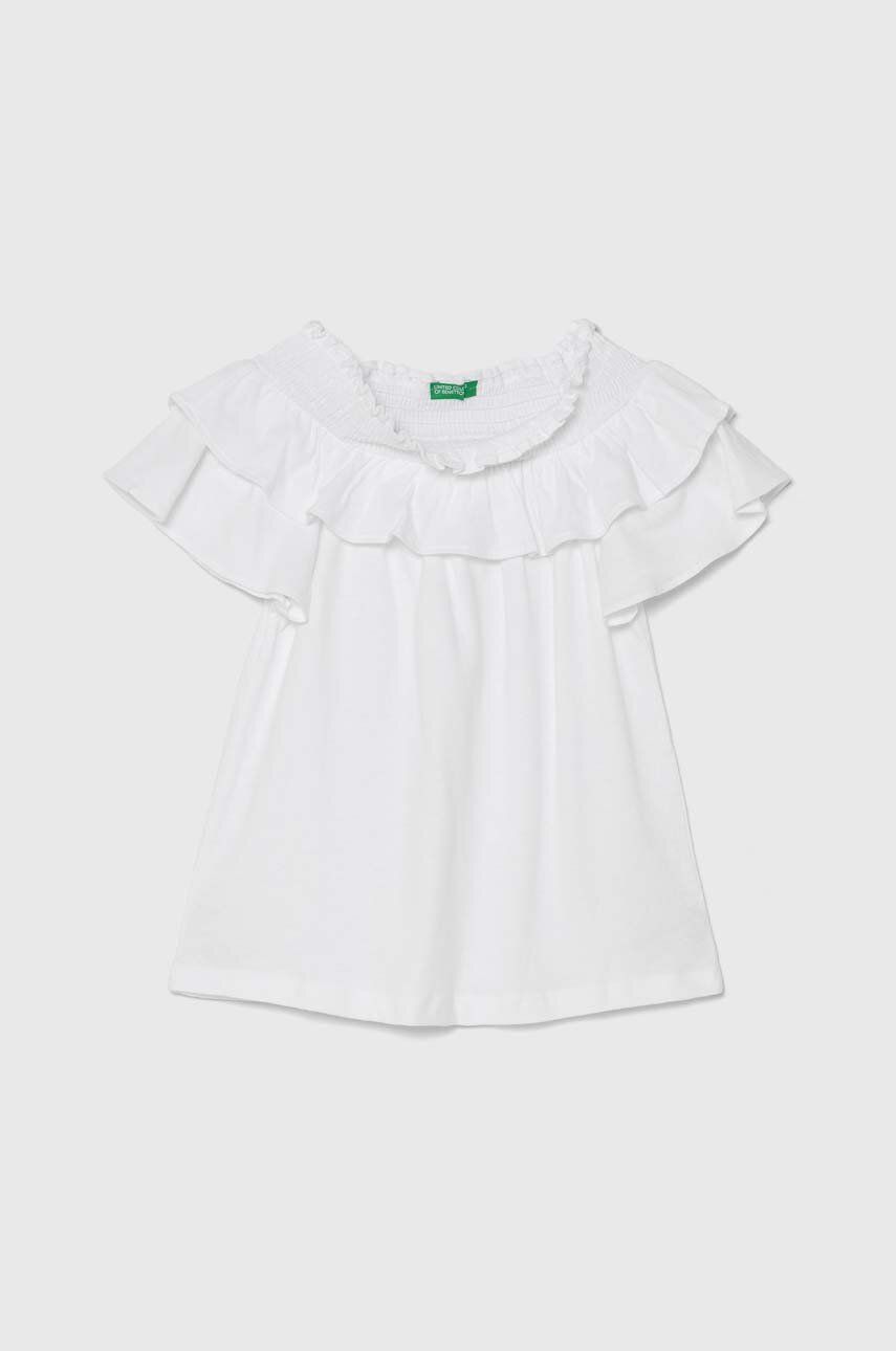 United Colors of Benetton tricou din amestec de in pentru copii culoarea alb, decolteu spaniol