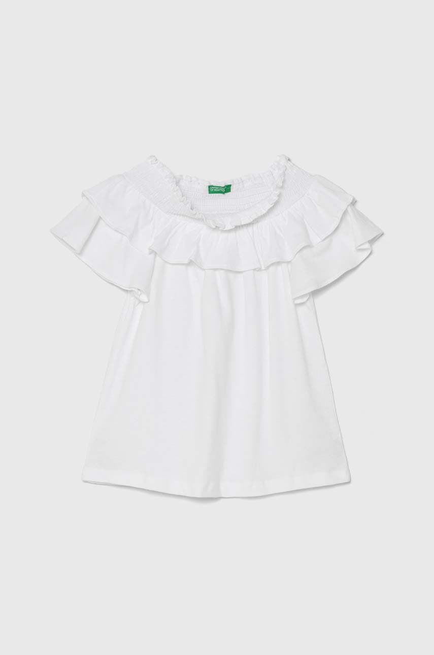 United Colors of Benetton tricou din amestec de in pentru copii culoarea alb, decolteu spaniol