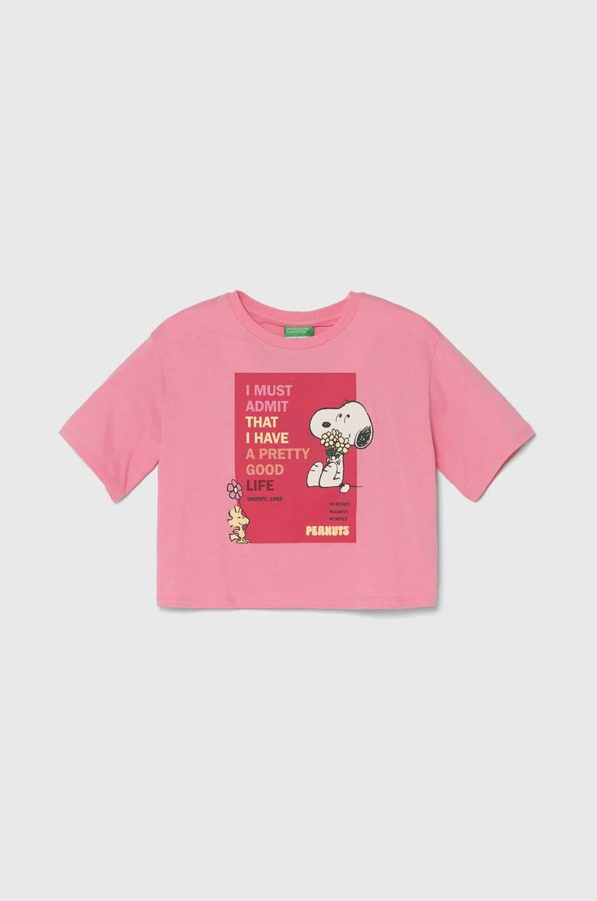 United Colors of Benetton tricou de bumbac pentru copii X Peanuts culoarea roz