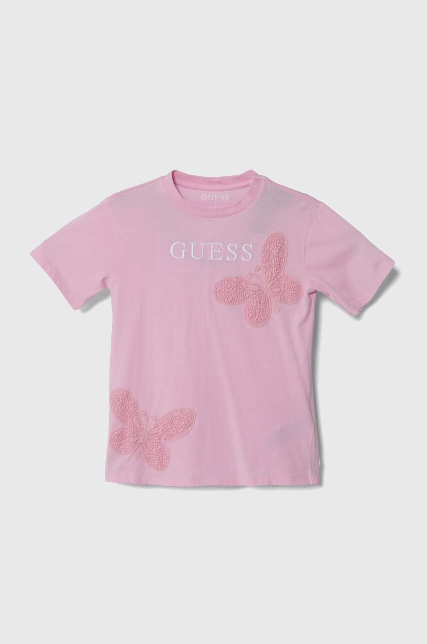 

Детска памучна тениска Guess в розово, Розов