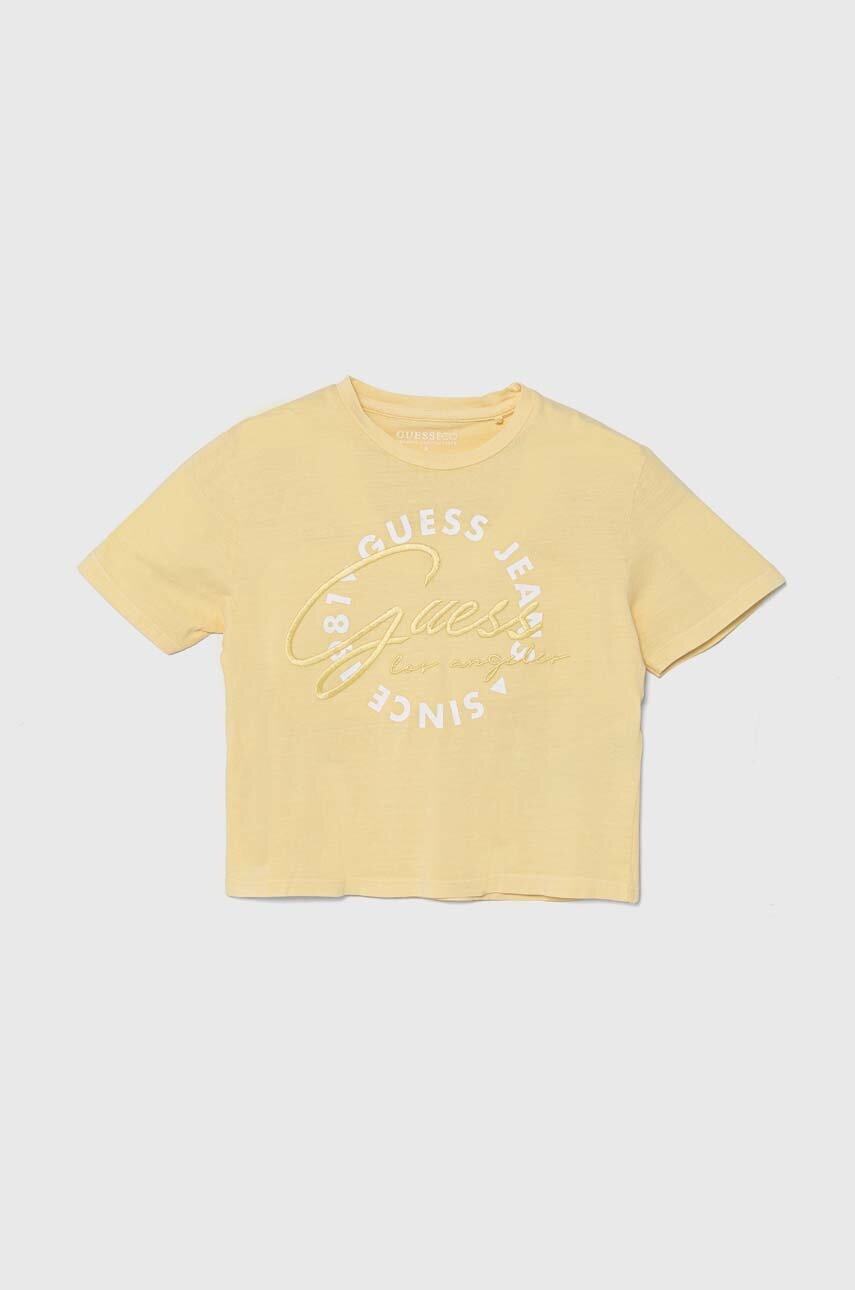 

Детска памучна тениска Guess в жълто, Жълт