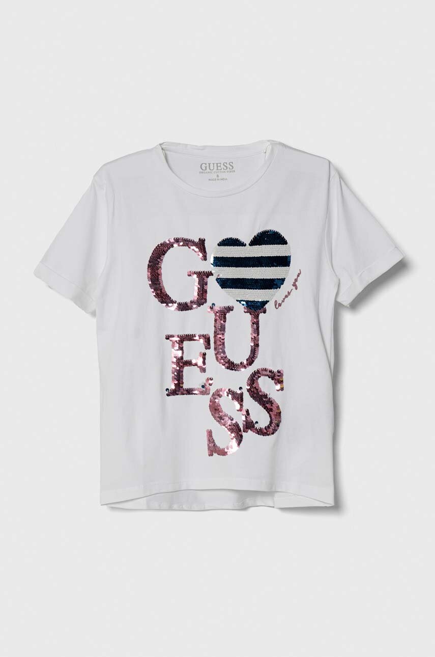 

Детска памучна тениска Guess в бяло, Бял