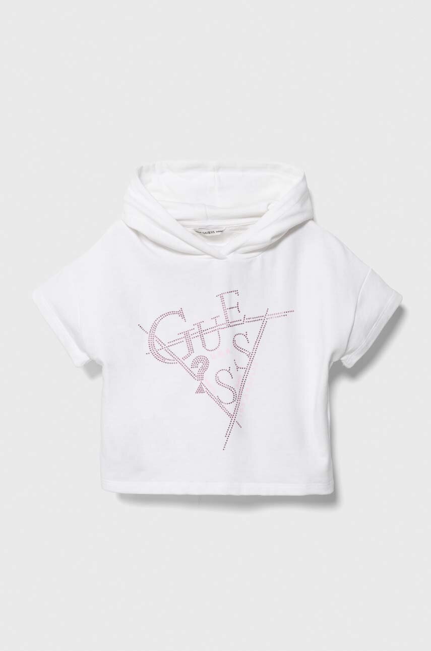 

Детски памучен суичър Guess в бяло с качулка с апликация, Бял