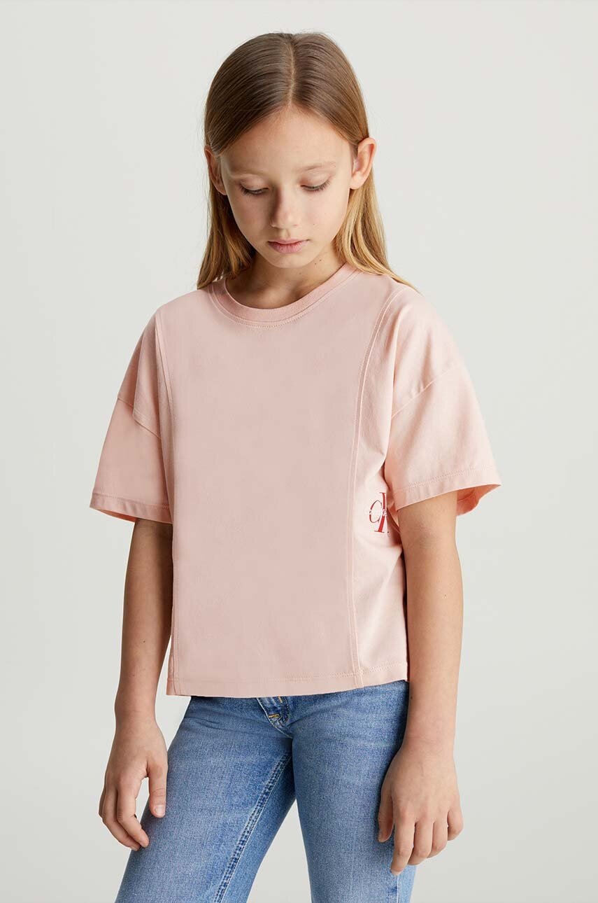 

Детска памучна тениска Calvin Klein Jeans в розово, Розов