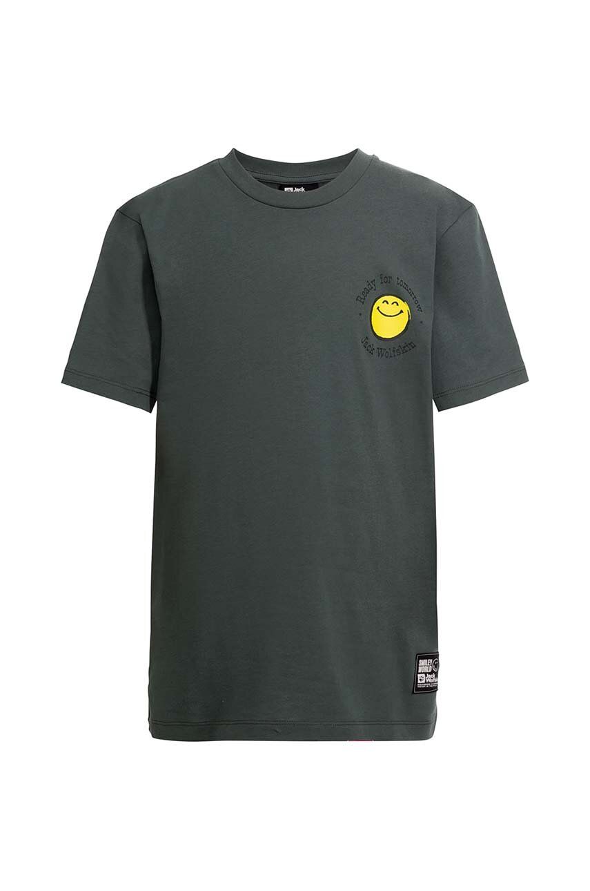 Levně Dětské bavlněné tričko Jack Wolfskin SMILEYWORLD zelená barva, s potiskem