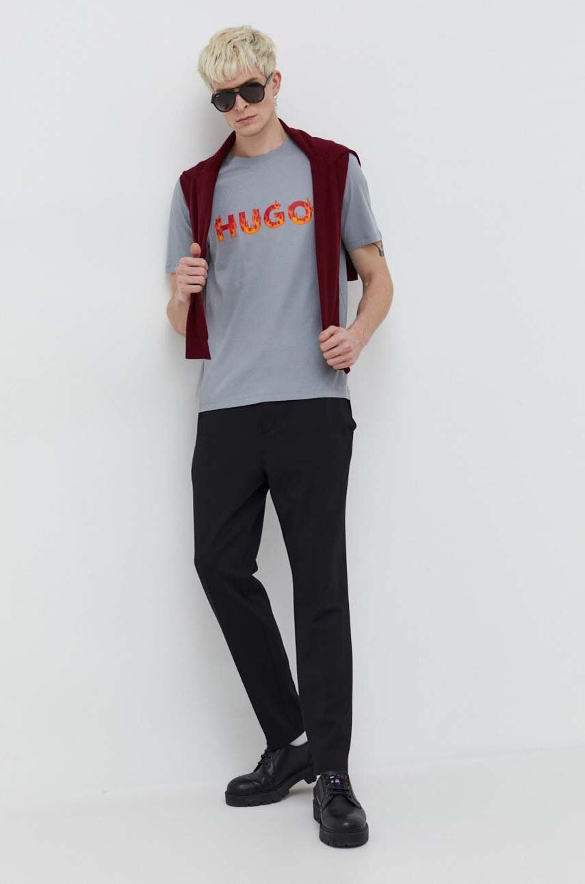 HUGO t-shirt bawełniany męski kolor szary z nadrukiem