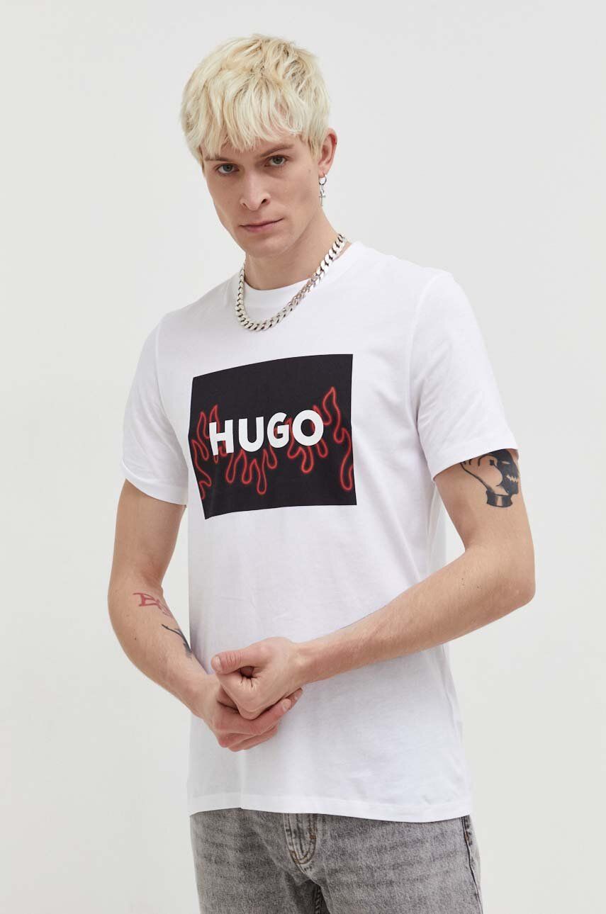 Levně Bavlněné tričko HUGO bílá barva, s potiskem, 50506989