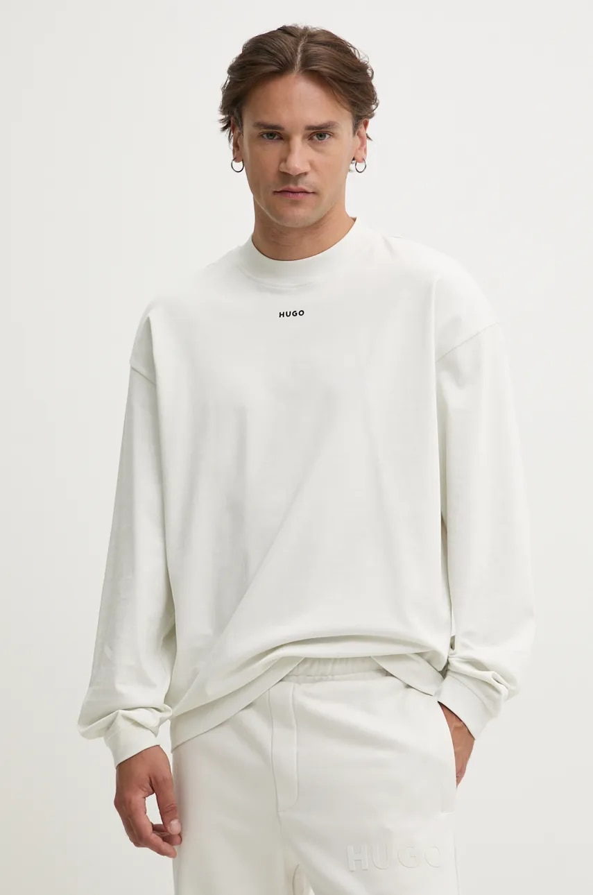 HUGO longsleeve din bumbac culoarea bej, neted, 50511029