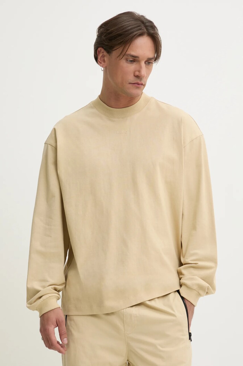HUGO longsleeve din bumbac culoarea bej, neted, 50511029