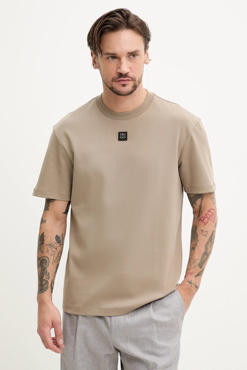 HUGO tricou din bumbac barbati, culoarea maro, neted, 50505201