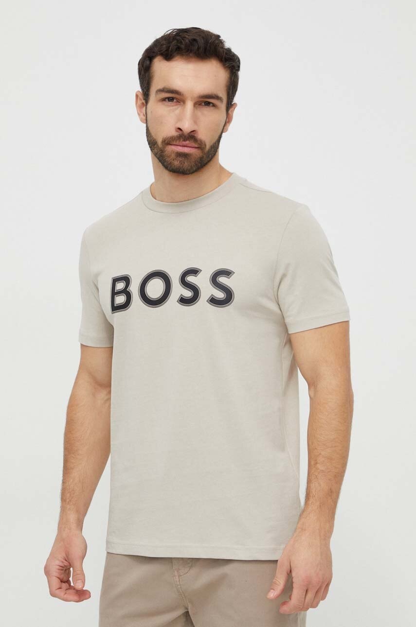 BOSS Green tricou din bumbac bărbați, culoarea bej, cu imprimeu 50506344