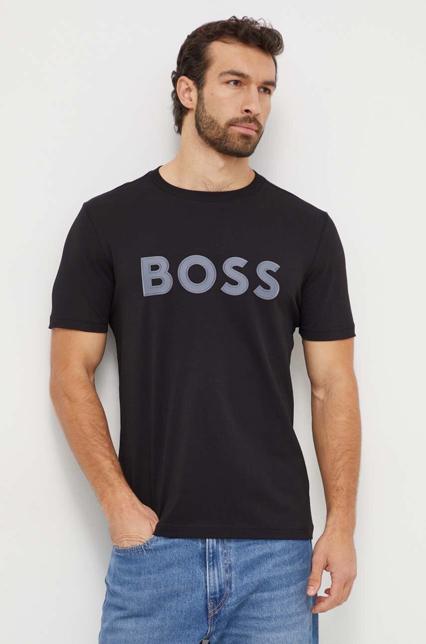 

Хлопковая футболка Boss Green мужской цвет чёрный с аппликацией
