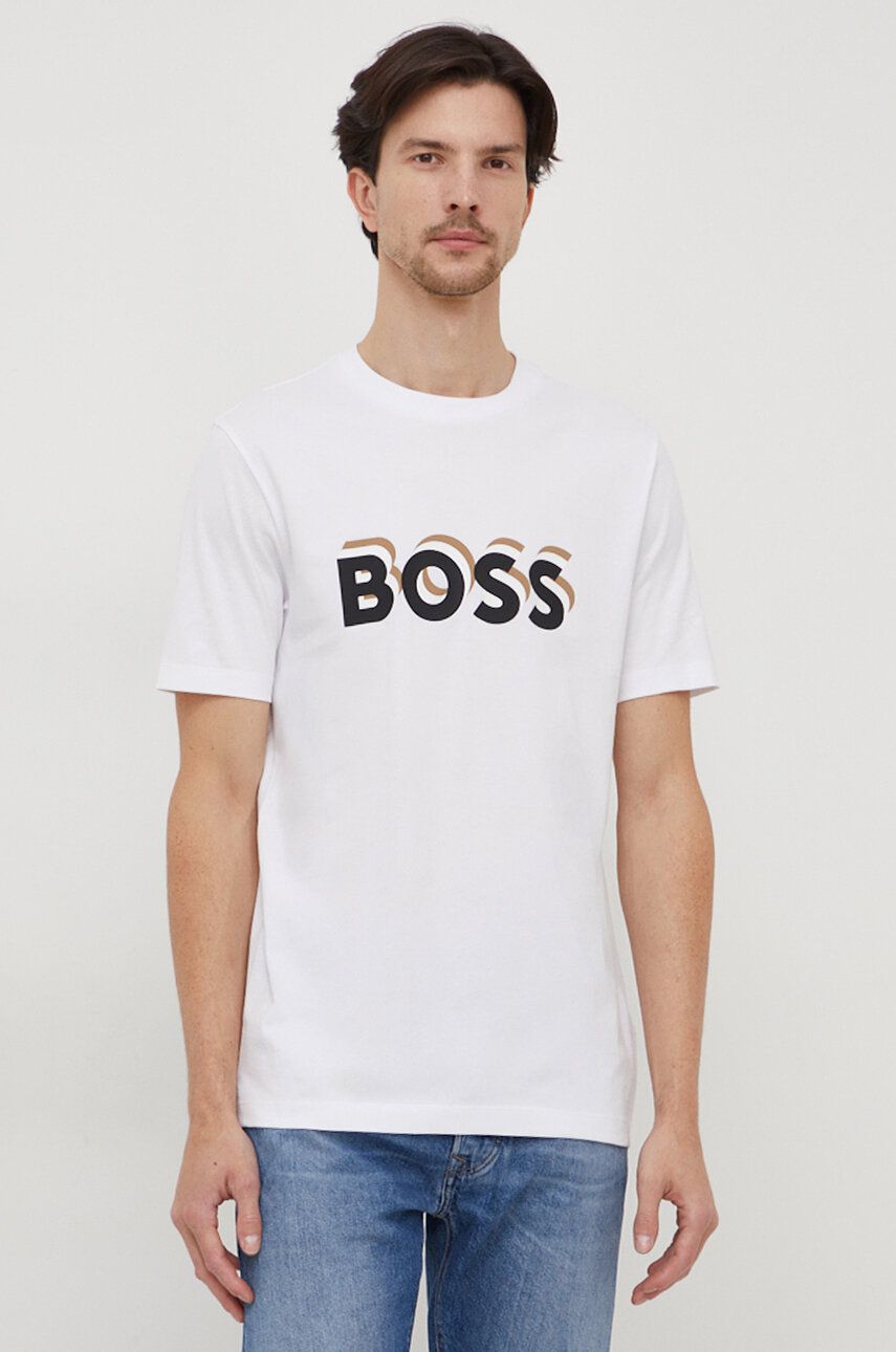 Levně Bavlněné tričko BOSS bílá barva, s potiskem, 50506923