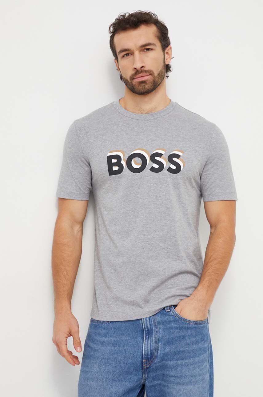 Levně Bavlněné tričko BOSS šedá barva, s potiskem, 50506923