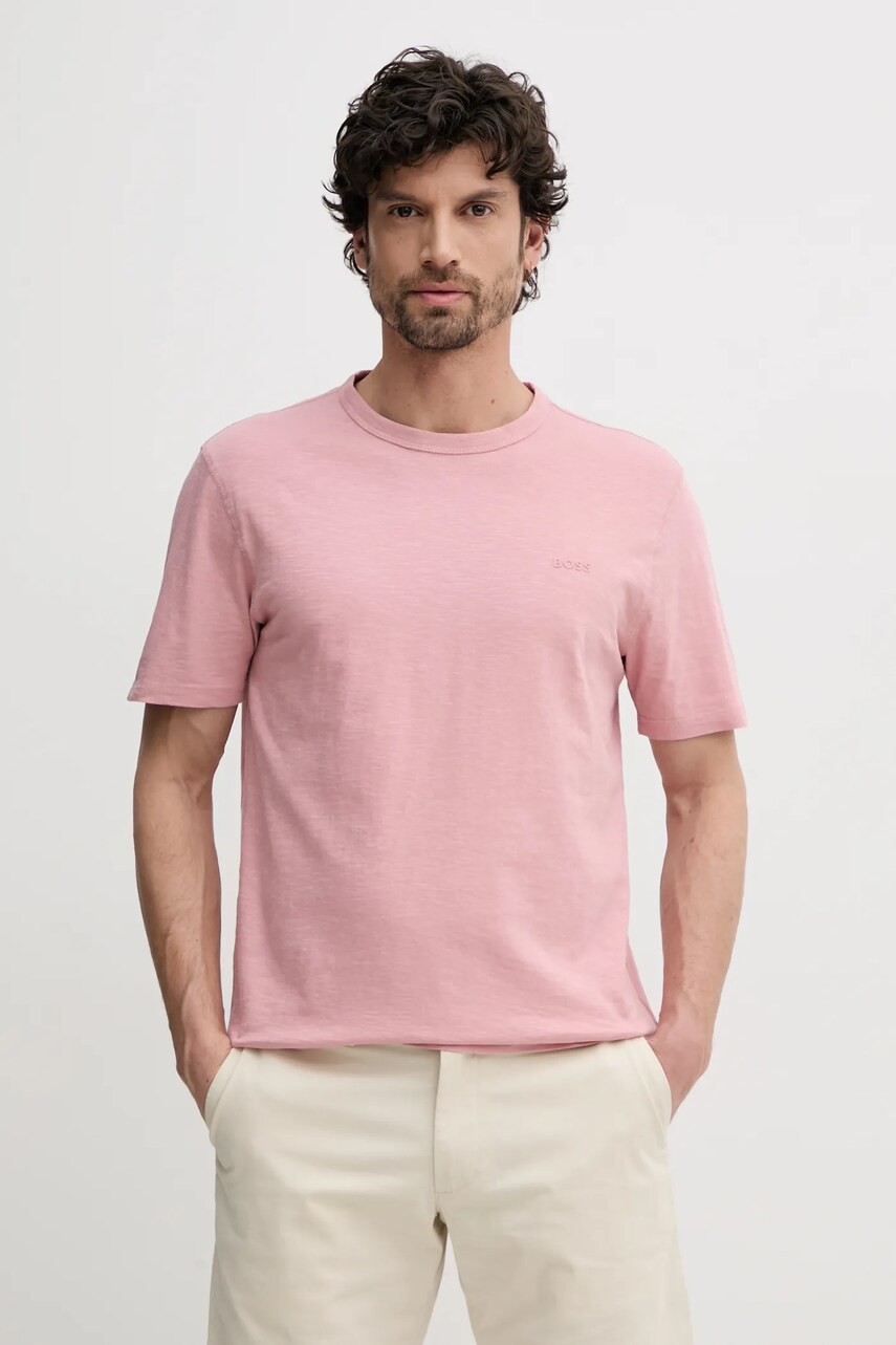 BOSS Orange tricou din bumbac barbati, culoarea roz, neted, 50508243